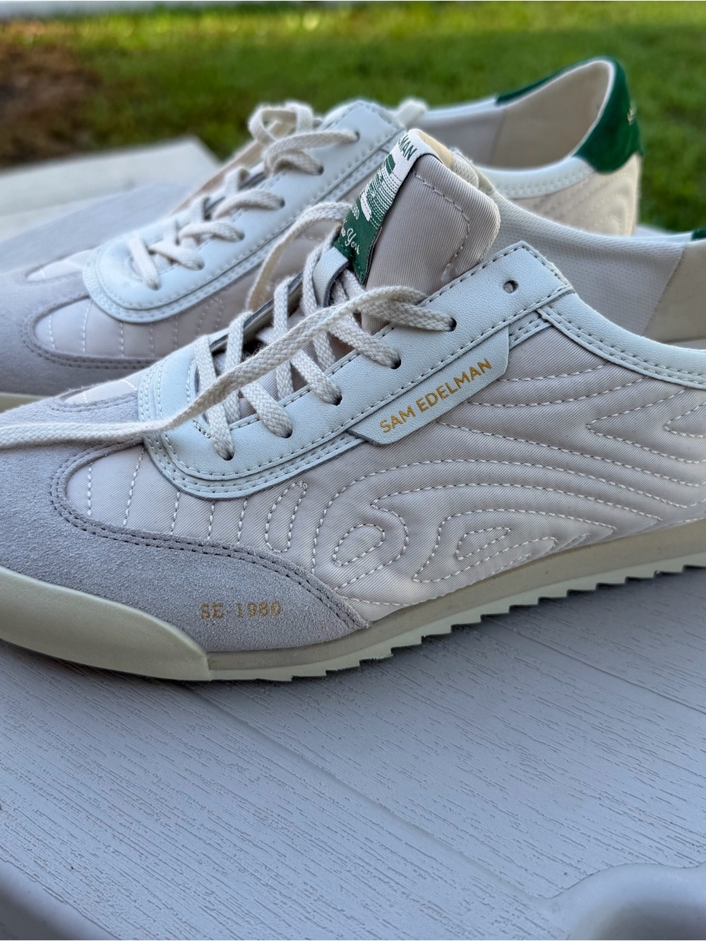 Sam Edelman Cream Sneakers with Green Heel Accent
